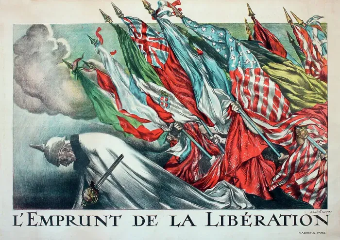 Framed Print : WW1 poster, L'Emprunt de la Liberation (The Liberation Loan) - the German Kaiser bows under the combined strength of the Allied flags. Date: 1918 Framed Print : WW1 poster, L'Emprunt de la Liberation (The Liberation Loan) - the German Kaiser bows under the combined strength of the Allied flags. Date: 1918