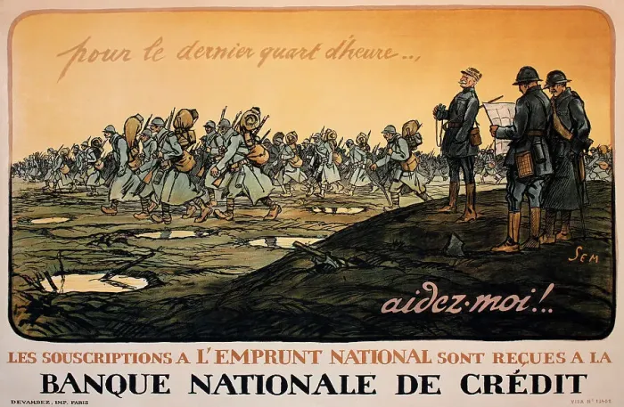 Framed Print : WW1 poster, Pour le dernier quart d'heure aidez moi! (For the last quarter of an hour help me!) Les souscriptions a l'Emprunt National (subscriptions to the National War Loan), Banque Nationale de Credit. Date: 1917 Framed Print : WW1 poster, Pour le dernier quart d'heure aidez moi! (For the last quarter of an hour help me!) Les souscriptions a l'Emprunt National (subscriptions to the National War Loan), Banque Nationale de Credit. Date: 1917