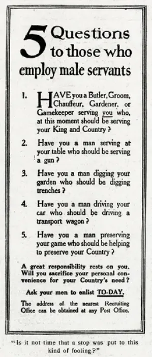 Framed Print : WW1 recruitment: employers encourage servants to enlist, 1915 Framed Print : WW1 recruitment: employers encourage servants to enlist, 1915