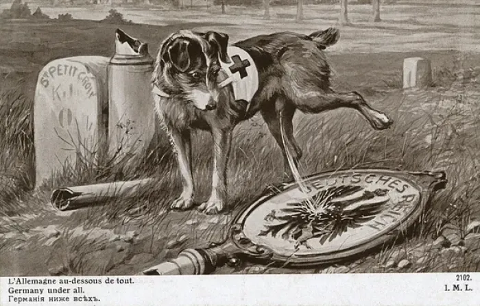 Framed Print : WW1 - A Red Cross dog relieves himself on a German Standard Framed Print : WW1 - A Red Cross dog relieves himself on a German Standard