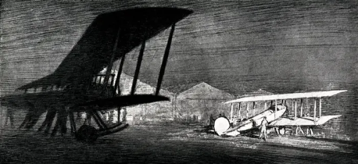 Framed Print : WW1 - A scene at night on a British airfield Framed Print : WW1 - A scene at night on a British airfield