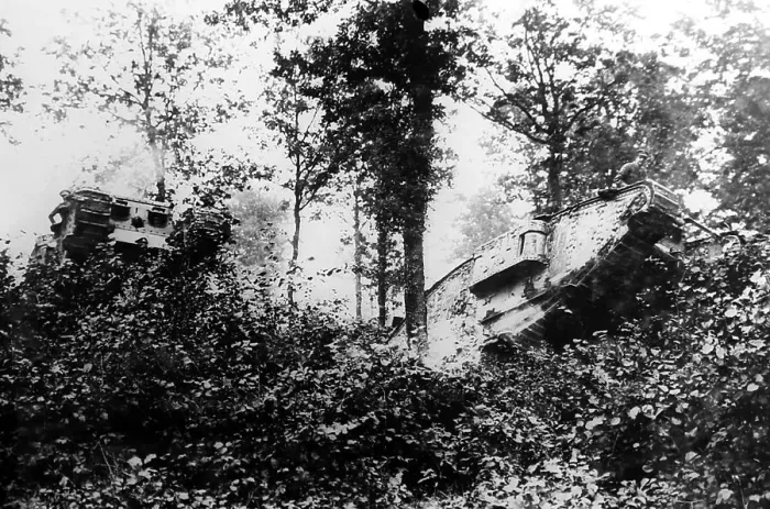 Framed Print : WW1 - Two tanks passing through Oosthoek Wood Framed Print : WW1 - Two tanks passing through Oosthoek Wood