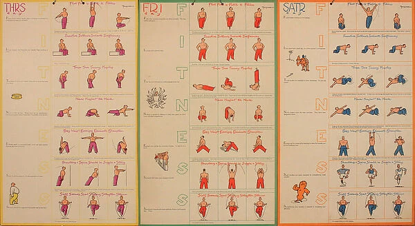 WW2, Army Exercise Instruction hanging cards, three double-sided for Monday to Saturday