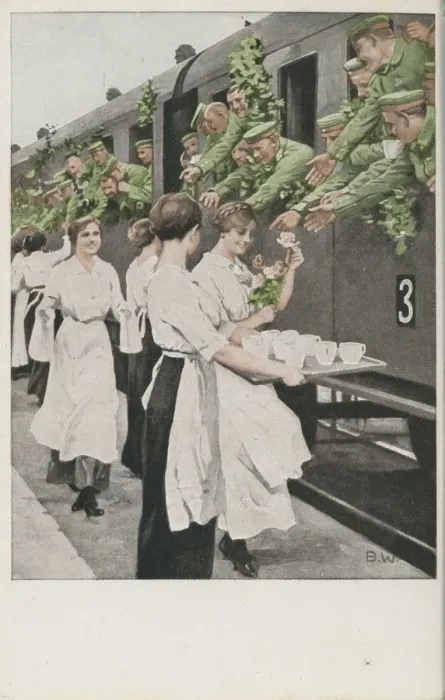 Framed Print : WW2 Austrian Girls Serving Tea to a Train of Troops