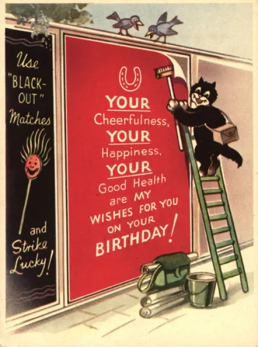 Framed Print : WW2 birthday card, cat and poster Framed Print : WW2 birthday card, cat and poster