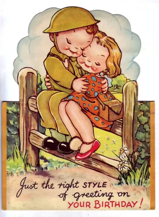 Framed Print : WW2 birthday card, couple on a stile