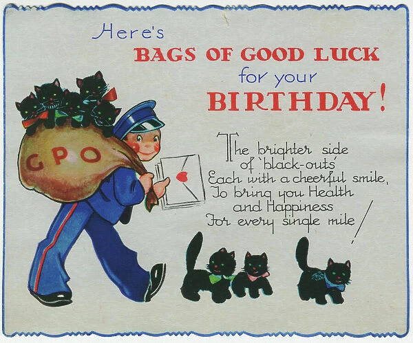 WW2 birthday card, Postman with black kittens