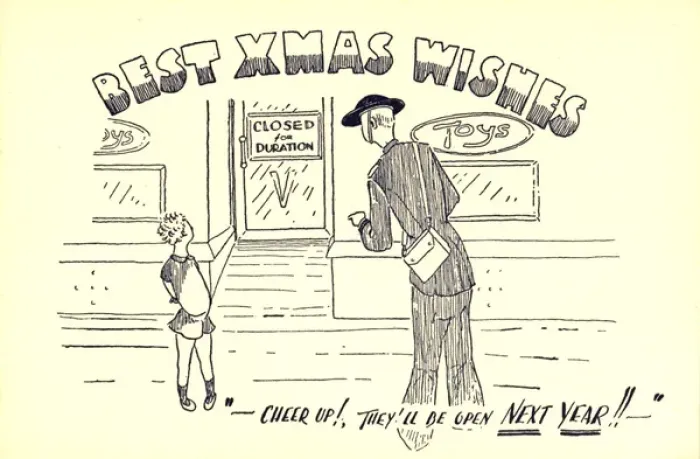 Framed Print : WW2 Christmas card, closed toy shop Framed Print : WW2 Christmas card, closed toy shop