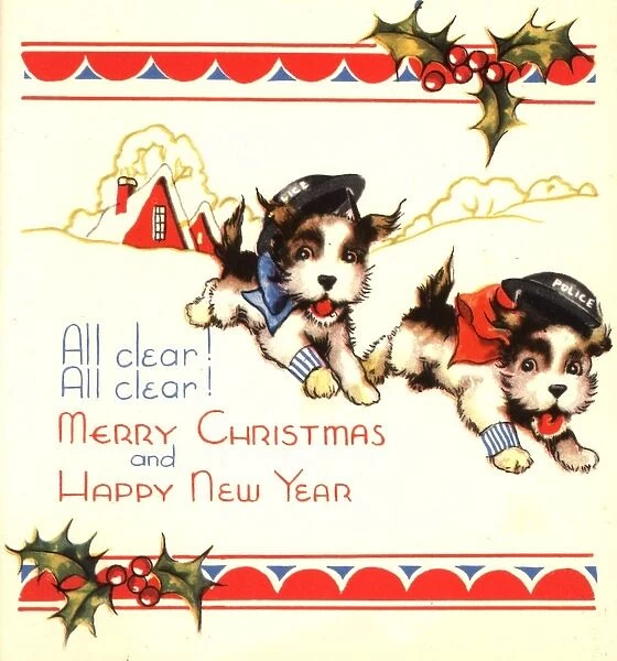 WW2 Christmas card, two running dogs