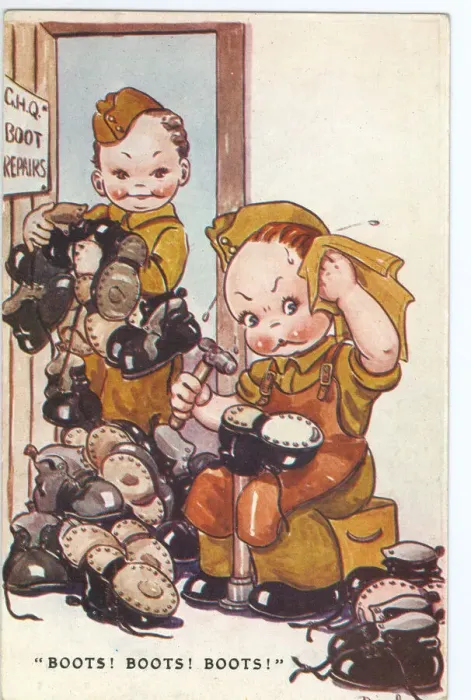 Framed Print : WW2 era - Comic Postcard - Boots, Boots, Boots Framed Print : WW2 era - Comic Postcard - Boots, Boots, Boots