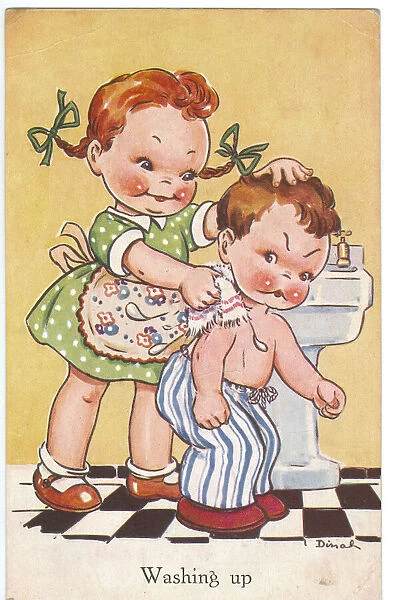 WW2 era - Comic Postcard - Washing up