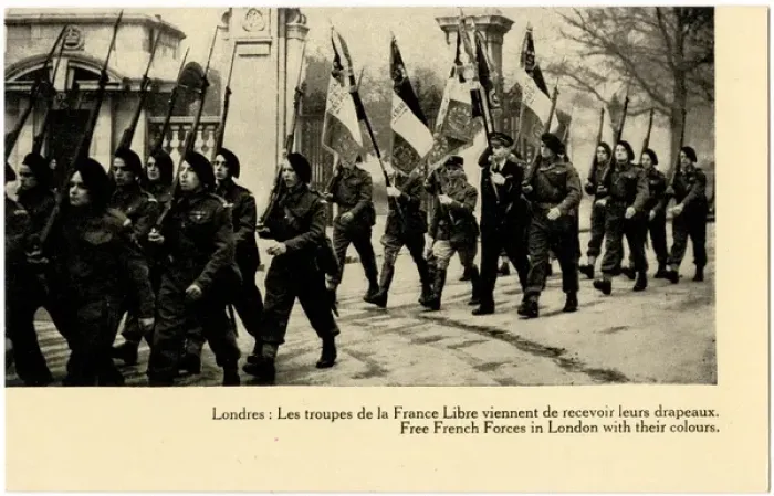 Framed Print : WW2 - Free French troops parading with their Colours Framed Print : WW2 - Free French troops parading with their Colours