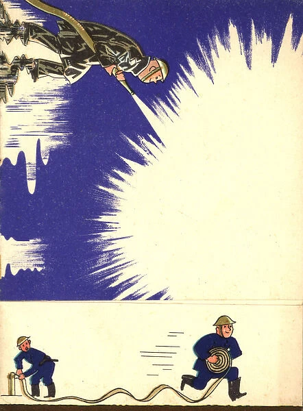 WW2 greetings card, firemen in action