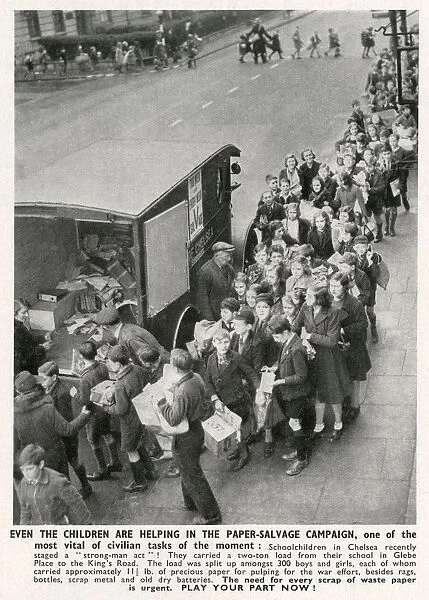 WW2 - Home Front - Schoolchildren in Chelsea, London take part in a paper-salvage campaign