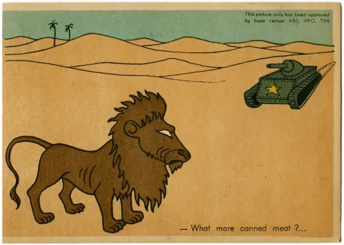 Framed Print : WW2 Humour - Desert lion frustrated his meat is in cans Framed Print : WW2 Humour - Desert lion frustrated his meat is in cans