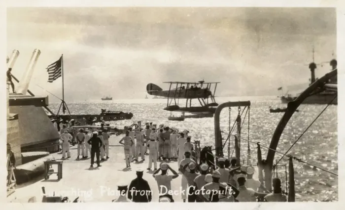 Framed Print : WW2 Launching seaplane from deck catapult of a US Battleship Framed Print : WW2 Launching seaplane from deck catapult of a US Battleship