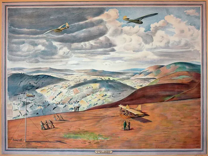 Framed Print : WW2 poster, August - Gliding, featuring ATC (Air Training Corps) gliders. One of a series of prints commissioned and published by CEMA (Council for the Encouragement of Music and the Arts, later to become the Arts Council), in 1944 Framed Print : WW2 poster, August - Gliding, featuring ATC (Air Training Corps) gliders. One of a series of prints commissioned and published by CEMA (Council for the Encouragement of Music and the Arts, later to become the Arts Council), in 1944