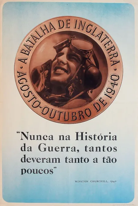 Framed Print : WW2 poster, The Battle of Britain, August-October 1940, Churchill quotation in Portuguese - Nunca na Historia da Guerra, tantos deveram tanto a tao poucos (Never in the history of war have so many owed so much to so few). Date: 1940 Framed Print : WW2 poster, The Battle of Britain, August-October 1940, Churchill quotation in Portuguese - Nunca na Historia da Guerra, tantos deveram tanto a tao poucos (Never in the history of war have so many owed so much to so few). Date: 1940