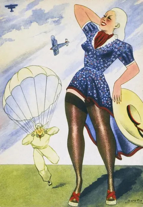 Framed Print : WW2 - Propaganda - parachuting safely back to his girl