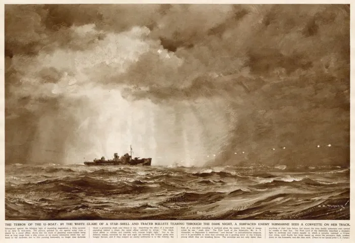 Framed Print : WW2 - Surfaced Enemy Submarine sees a Corvette on her track Framed Print : WW2 - Surfaced Enemy Submarine sees a Corvette on her track