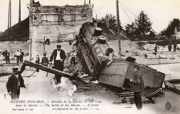 WWI - Battle of the Marne - Destroyed bridge & fallen train
