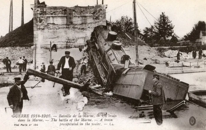 Framed Print : WWI - Battle of the Marne - Destroyed bridge & fallen train Framed Print : WWI - Battle of the Marne - Destroyed bridge & fallen train