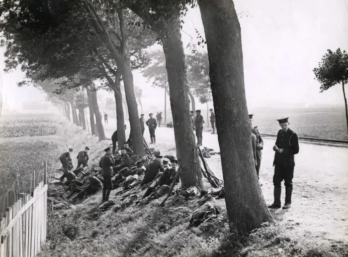 Framed Print : WWI: British Royal Marines resting by roadside near Ostend Framed Print : WWI: British Royal Marines resting by roadside near Ostend