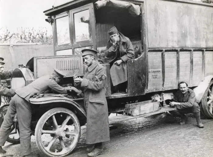 Framed Print : WWI: British soldiers with captured German vehicle Framed Print : WWI: British soldiers with captured German vehicle