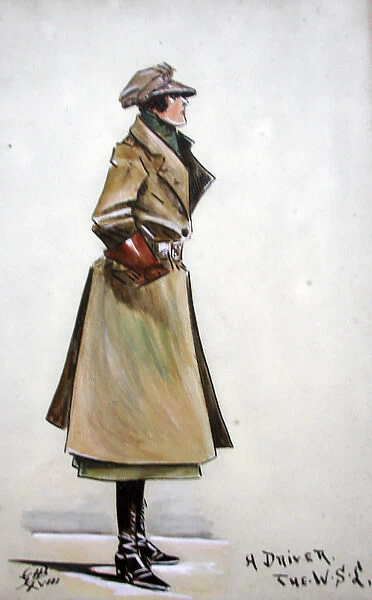 WWI caricature of a lady driver of the War Services Legion