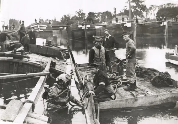 Framed Print : WWI: divers clearing sunken pontoon bridge, River Oise Framed Print : WWI: divers clearing sunken pontoon bridge, River Oise