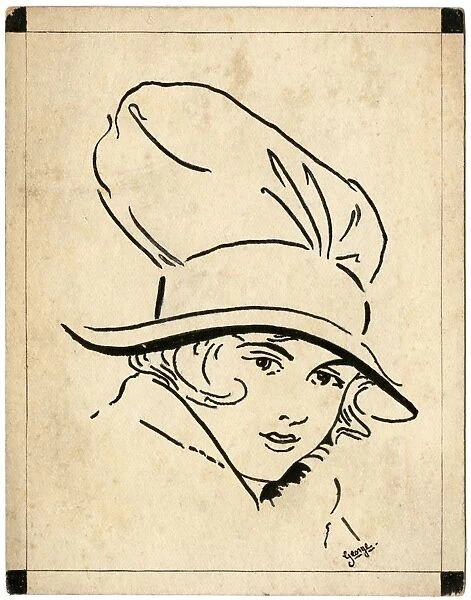 WWI era girl in a hat - postcard drawn by George Ranstead