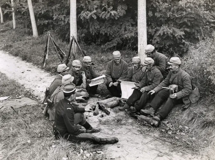 Framed Print : WWI: French soldiers resting by roadside Framed Print : WWI: French soldiers resting by roadside