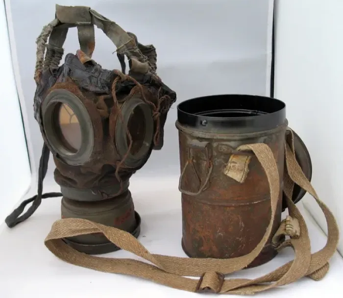 Framed Print : WWI German gas mask, c 1918, in its original metal containe Framed Print : WWI German gas mask, c 1918, in its original metal containe