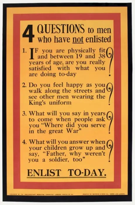 Framed Print : WWI Poster, Questions to men who have not enlisted Framed Print : WWI Poster, Questions to men who have not enlisted