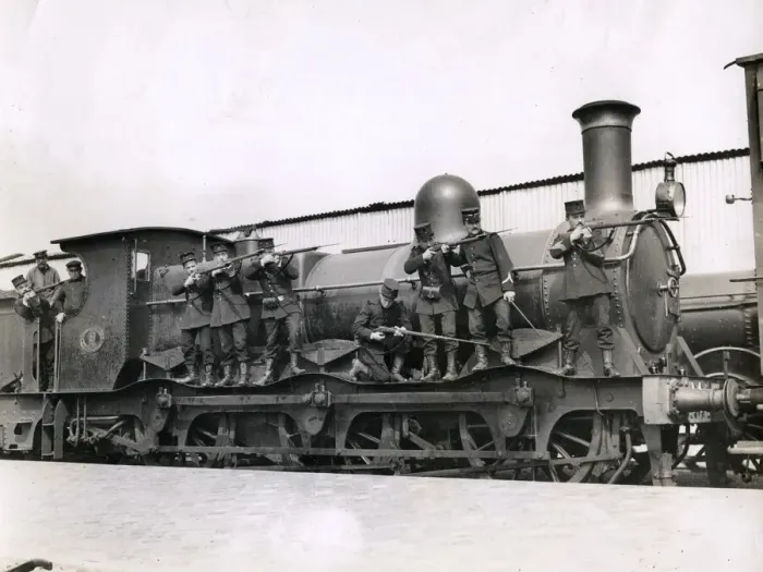 Framed Print : WWI: soldiers on a railway engine, Mechelen, Malines, Belgium Framed Print : WWI: soldiers on a railway engine, Mechelen, Malines, Belgium