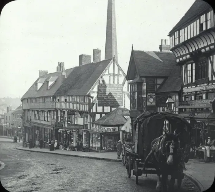 Framed Print : Wyle cop - Street with timbered buildings Horse drawn wagon on right Framed Print : Wyle cop - Street with timbered buildings Horse drawn wagon on right