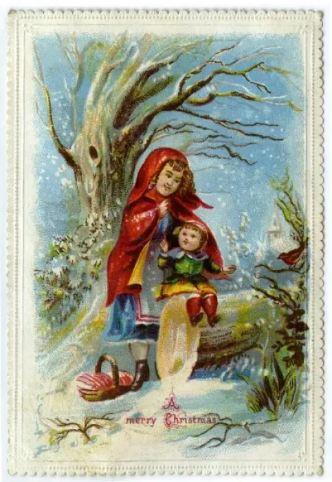 Framed Print : Xmas card. Girl & child on a yule log Framed Print : Xmas card. Girl & child on a yule log