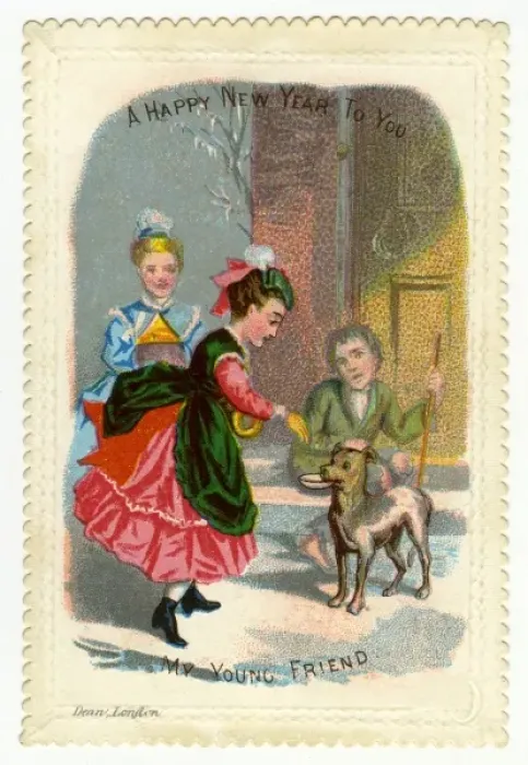Framed Print : Xmas card. Giving alms to a beggar with dog Framed Print : Xmas card. Giving alms to a beggar with dog