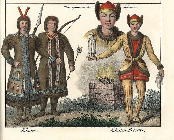 Yakut men with bows, arrows and spears, and a shaman