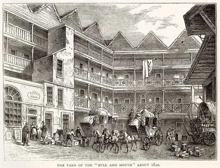 Framed Print : The yard at the Bull and Mouth Inn, in St Martins-le-Grand, London. Date: circa 1820 Framed Print : The yard at the Bull and Mouth Inn, in St Martins-le-Grand, London. Date: circa 1820