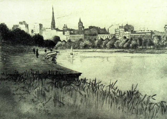 Framed Print : Yarraside. An etching showing a waterside platform of Yarraside Framed Print : Yarraside. An etching showing a waterside platform of Yarraside