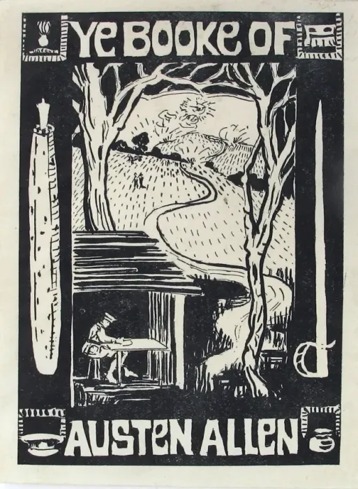 Framed Print : Ye Booke of Austen Allen - WWI scene (Ex Libris) Framed Print : Ye Booke of Austen Allen - WWI scene (Ex Libris)