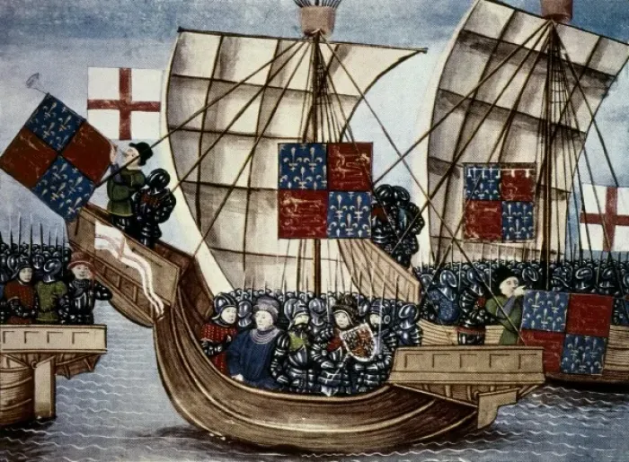 Framed Print : Hundred Years War. English troops boarding Framed Print : Hundred Years War. English troops boarding