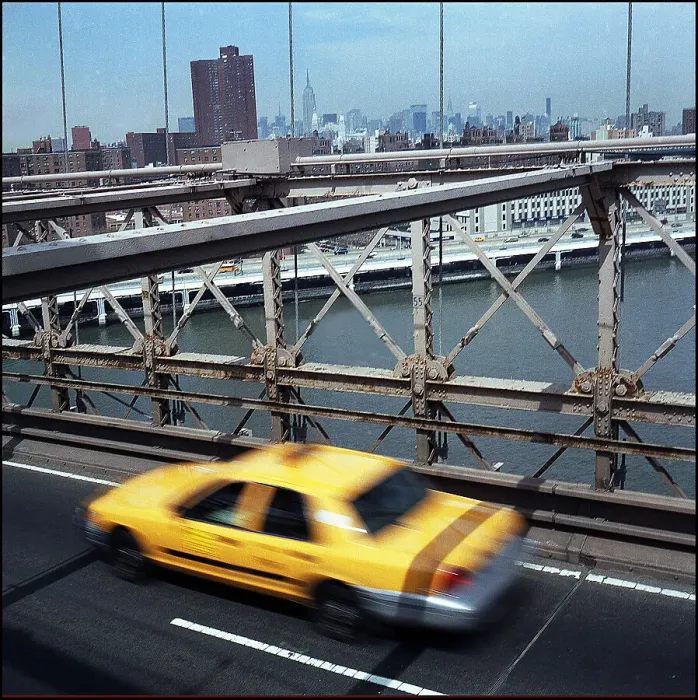 Framed Print : Yellow cab taxi on Brooklyn Bridge, New York, USA Framed Print : Yellow cab taxi on Brooklyn Bridge, New York, USA
