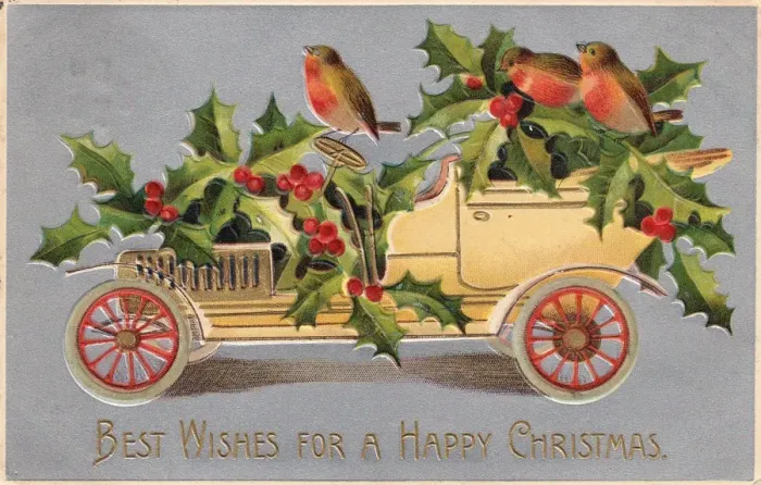 Framed Print : Yellow car with robins and holly on a Christmas postcard Framed Print : Yellow car with robins and holly on a Christmas postcard