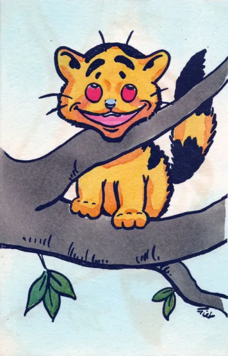 Framed Print : Yellow cat in a tree on a postcard Framed Print : Yellow cat in a tree on a postcard