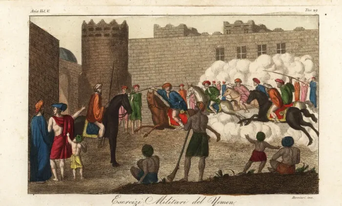 Framed Print : Yemeni cavalry performing military exercises, 1800s Framed Print : Yemeni cavalry performing military exercises, 1800s