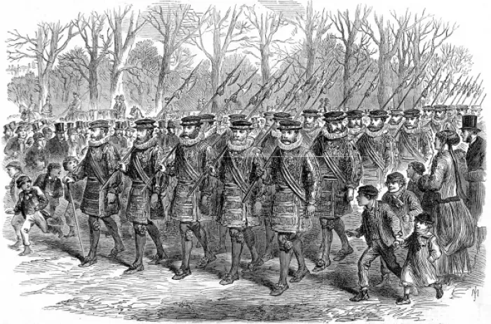 Framed Print : Yeomen of the Guard marching through London, 1869 Framed Print : Yeomen of the Guard marching through London, 1869