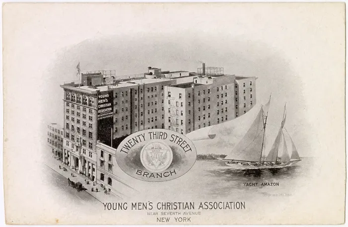 Framed Print : YMCA Building, 213 West 23rd Street, near 7th Avenue, New York City, USA, with inset of Yacht Amazon. Date: circa 1906 Framed Print : YMCA Building, 213 West 23rd Street, near 7th Avenue, New York City, USA, with inset of Yacht Amazon. Date: circa 1906