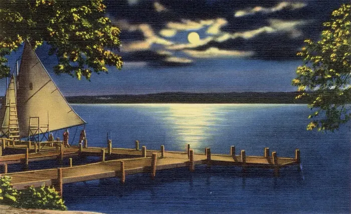 Framed Print : YMCA college camp, moonlight on Lake Geneva, Wisconsin, USA Date: 1936 Framed Print : YMCA college camp, moonlight on Lake Geneva, Wisconsin, USA Date: 1936
